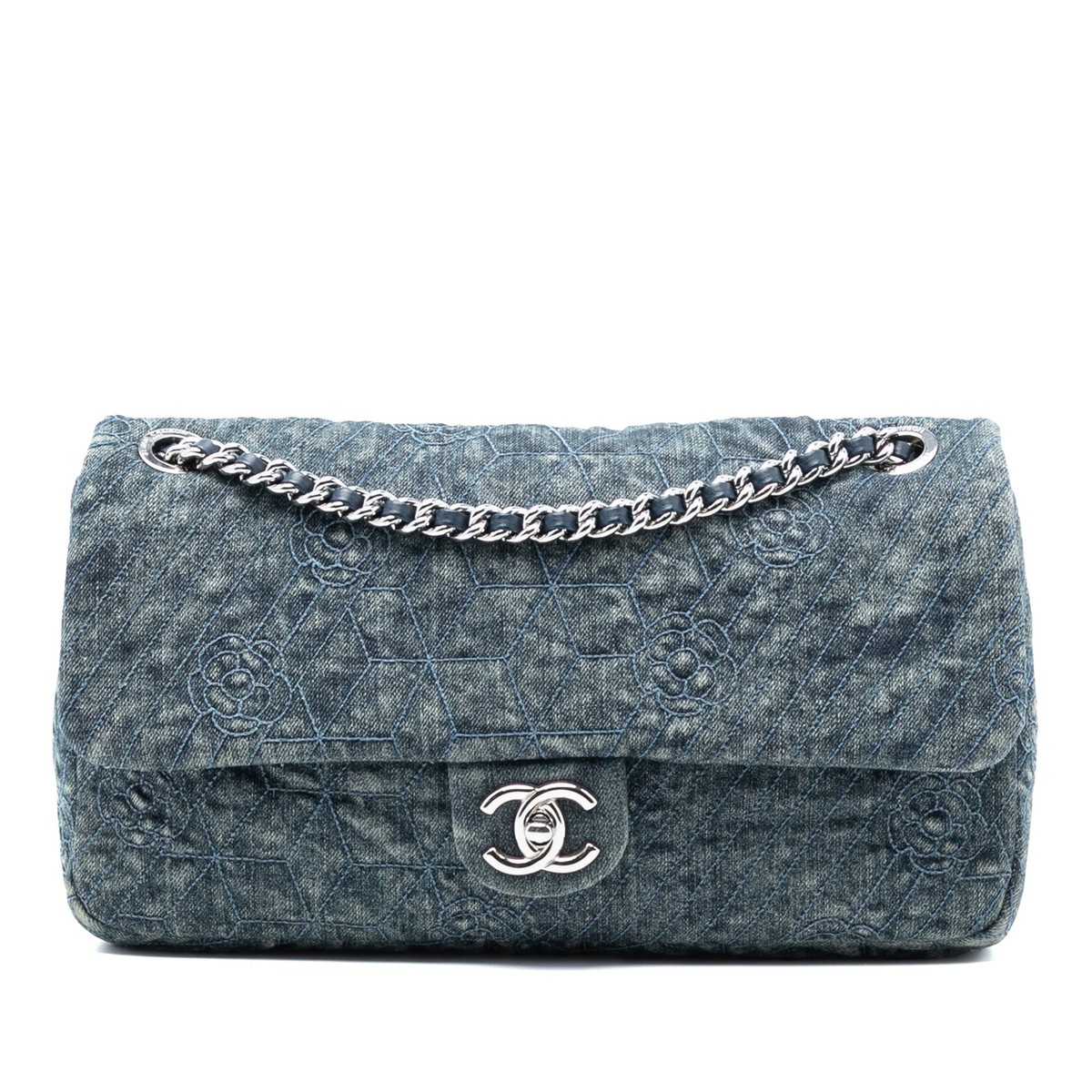Chanel Large Embroidered Denim Camellia Flap | Pre-Loved | Denim