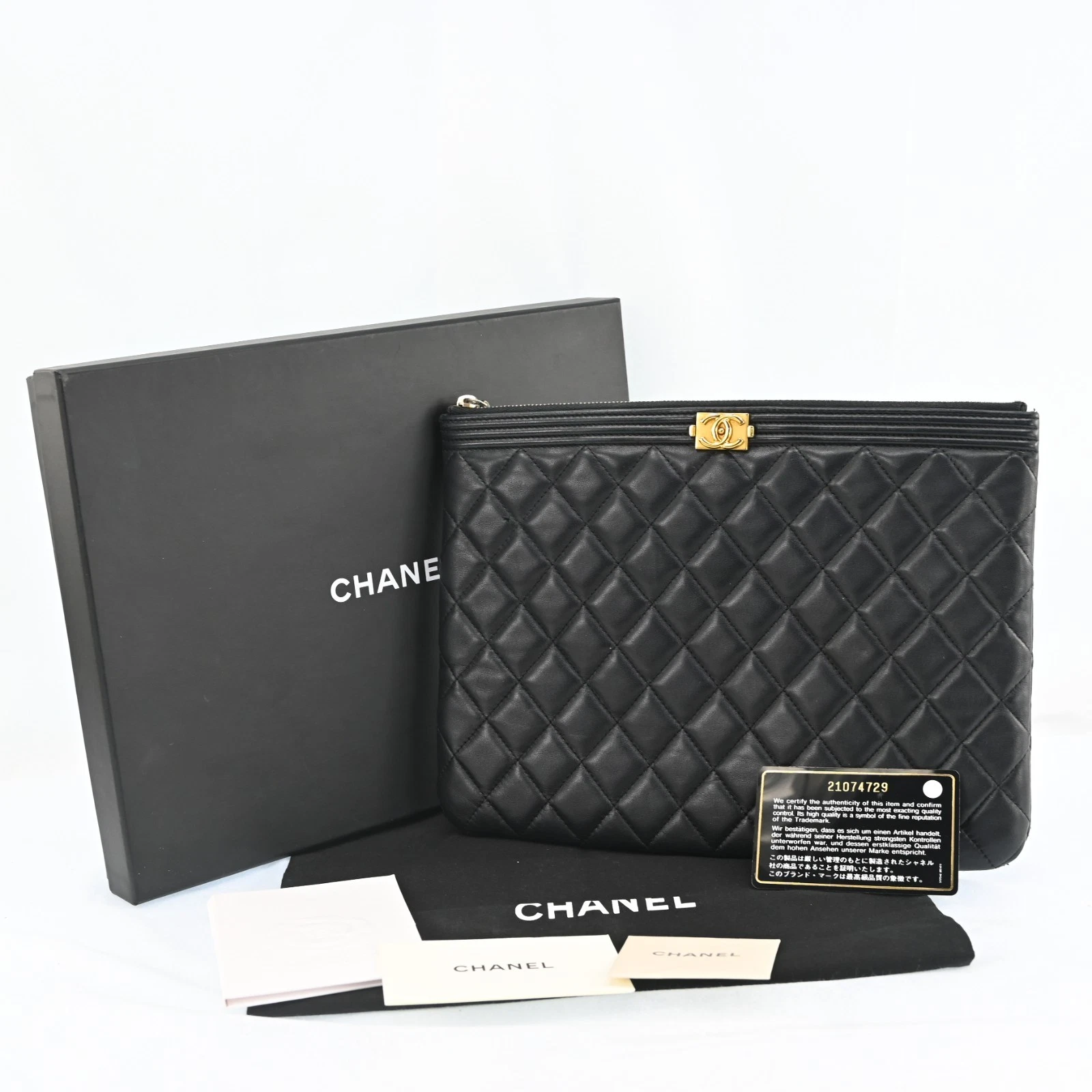 AUTH Boy Chanel Black Calfskin Clutch Bag Leather Black Q1036YO711