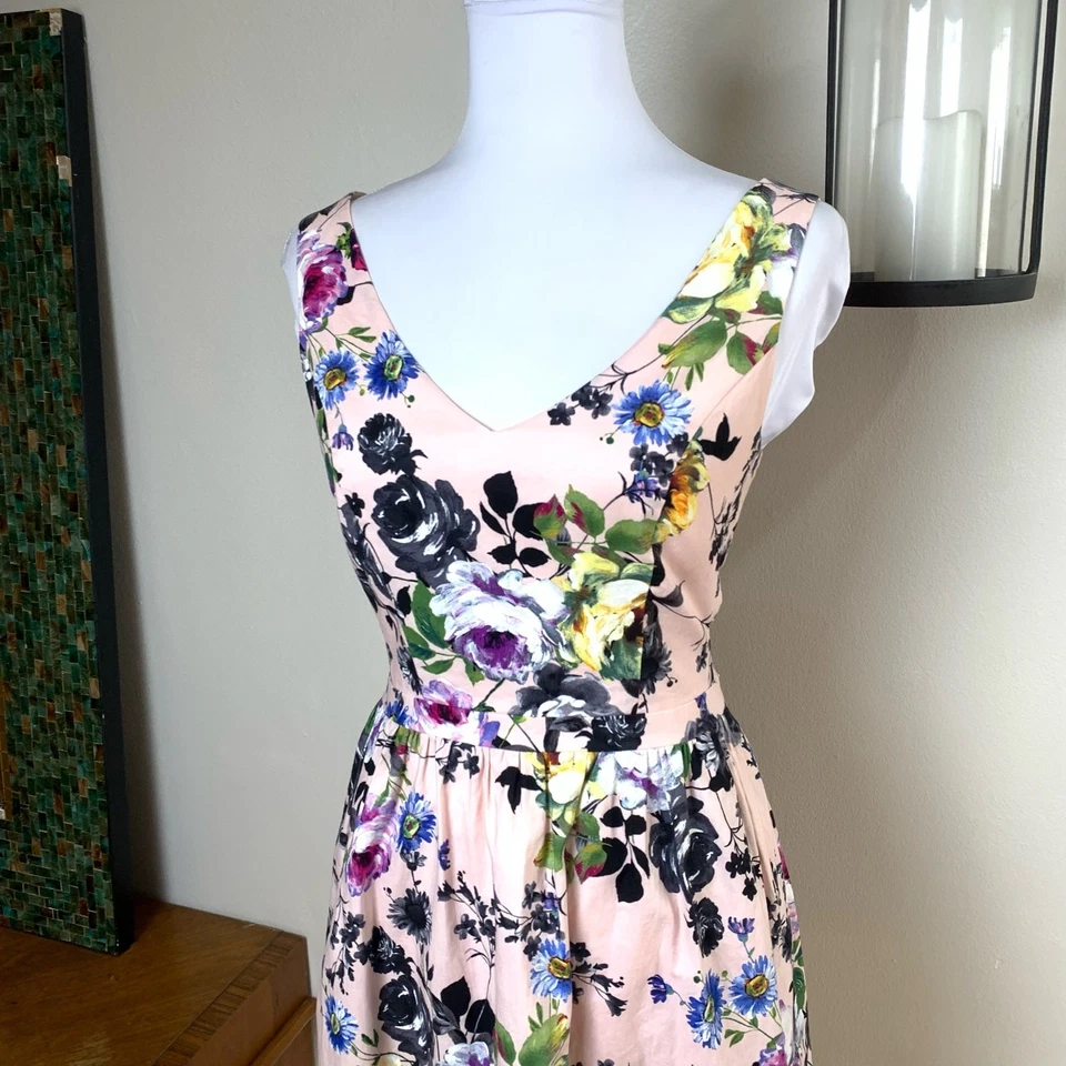 Modcloth Size S Pink Floral Sleeveless V-Neck Cut Out Dress Pockets Cotton - Image 3 of 4