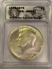 1776-1976 Kennedy Dollar ICG MS70 Overstrike with Half Eagle Half Moon Reverse