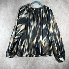 H&M Blouse Womens Size Large Black Tan Stripe Balloon Sleeve Ruffle Collar Artsy