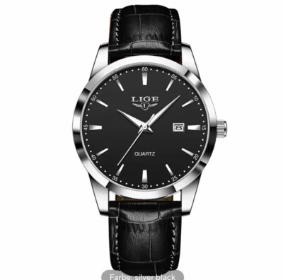 LIGE Armbanduhr Herren Herrenuhr  PU Lederband Schwarz Ziffernblatt Schwarz