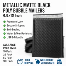 #0 Poly Bubble Mailers 6.5x10 – Self-Seal Padded Envelopes –Metallic Matte Black