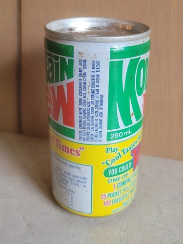 MOUNTAIN DEW Vintage CONTEST Soda Can PUSH BUTTON Steel FLAT TOP Toronto Canada - Picture 6 of 16