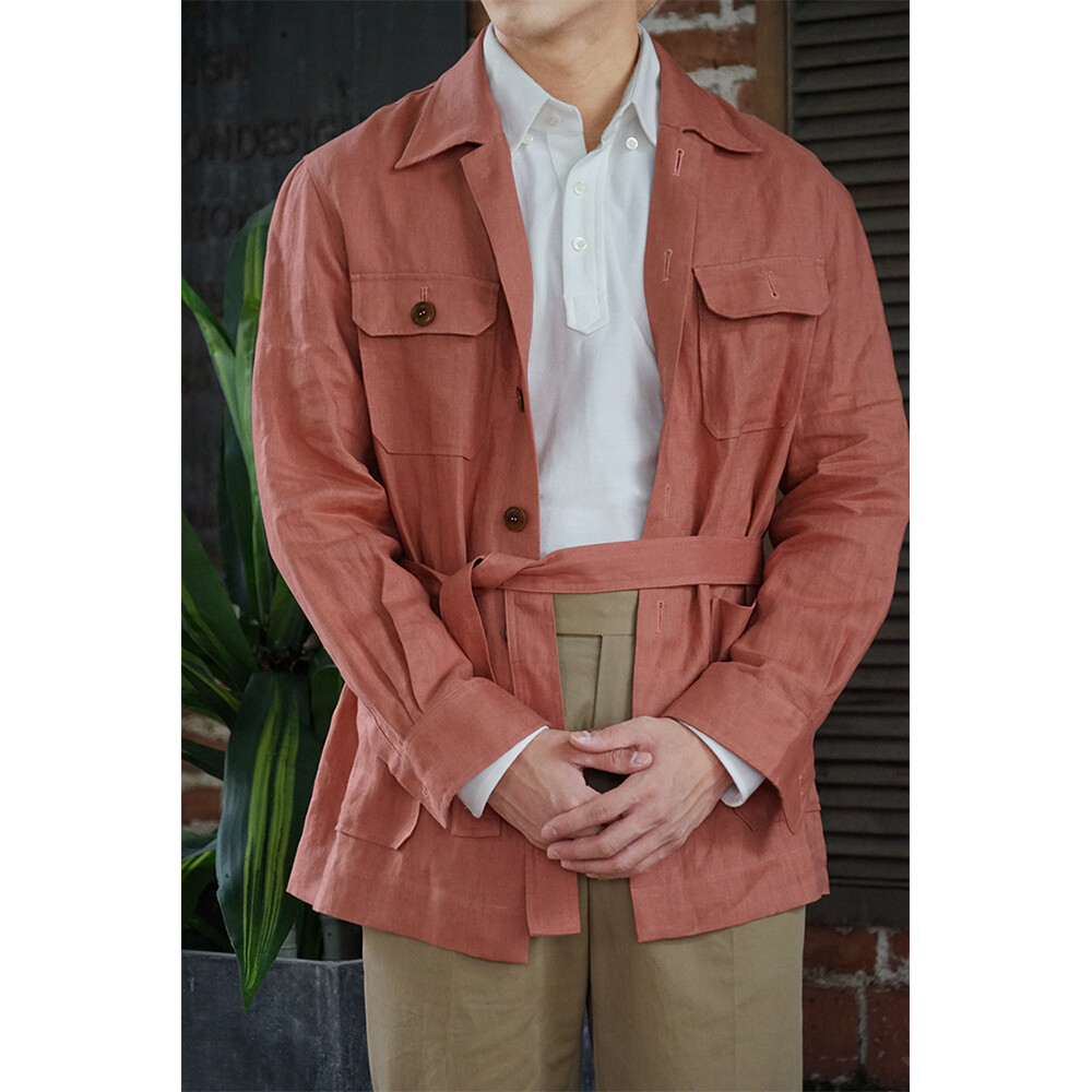 Vintage Green Men's Safari Jacket with Belt Linen Formal Hunting Coats 4 Pockets