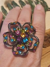 Silver Tone Multi Color Rhinestone Floral FLOWER Stretch Ring Size 7 Band