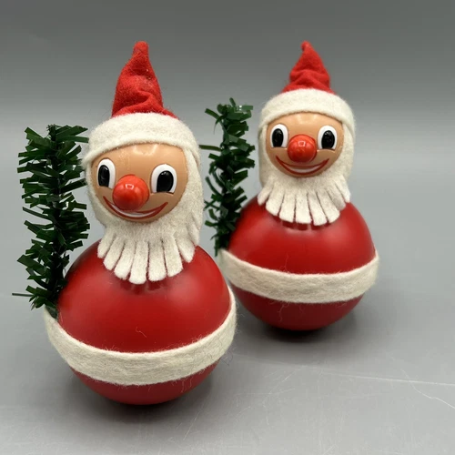 Set 2 West German Roly Poly Happy Santas 3" Bobble Wobble Christmas Vintage