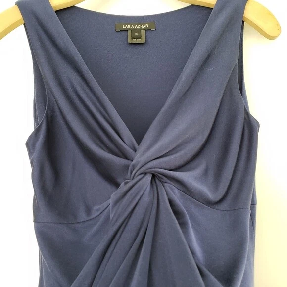 Laila Azhar Small Silk Twist Front Sleeveless Wrap Dress Sleeveless Navy Blue - Image 4 of 4