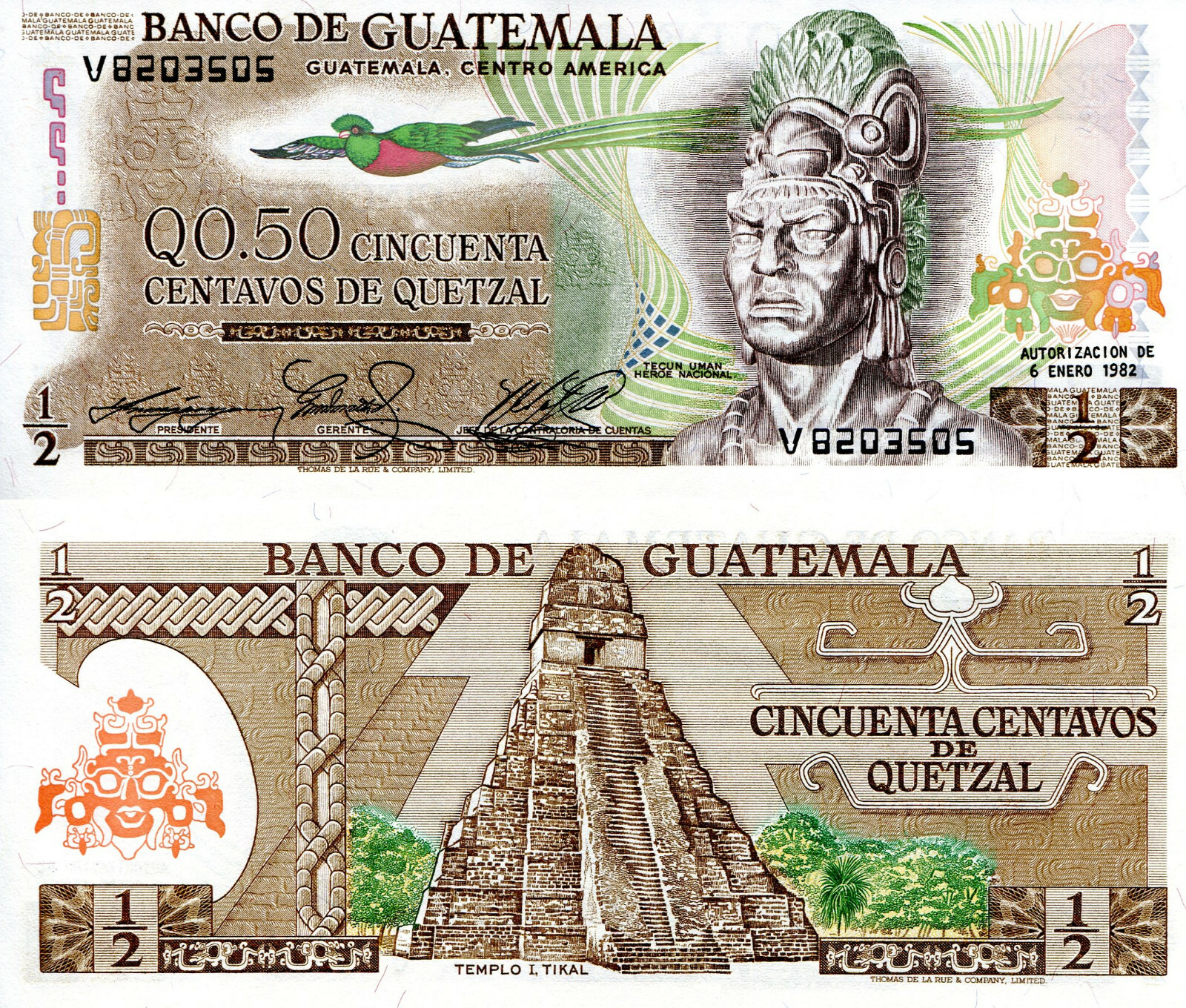 Imagen 1 - Guatemala 1/2 (.5) billete Quetzal Papel Moneda Mundial Moneda UNCIRCULATED PICK p58p 1982