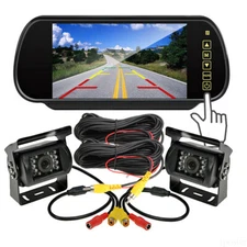 IP 7" Car Rear View Mirror Monitor+2x Color 18 IR Backup Camera Kit 12/24 Truck