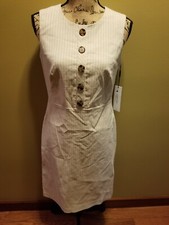 NWT Womens Calvin Klein Sleeveless Sheath Dress Khaki Tan White Stripe Buttons 6
