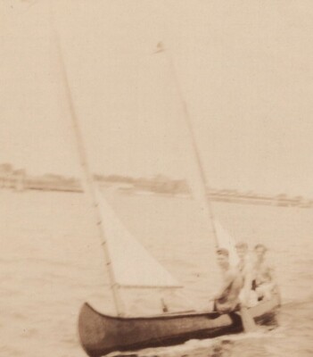 Two People Sailing in Canoe Peaceful Leisure on Water 1930s Handsome Men Candid