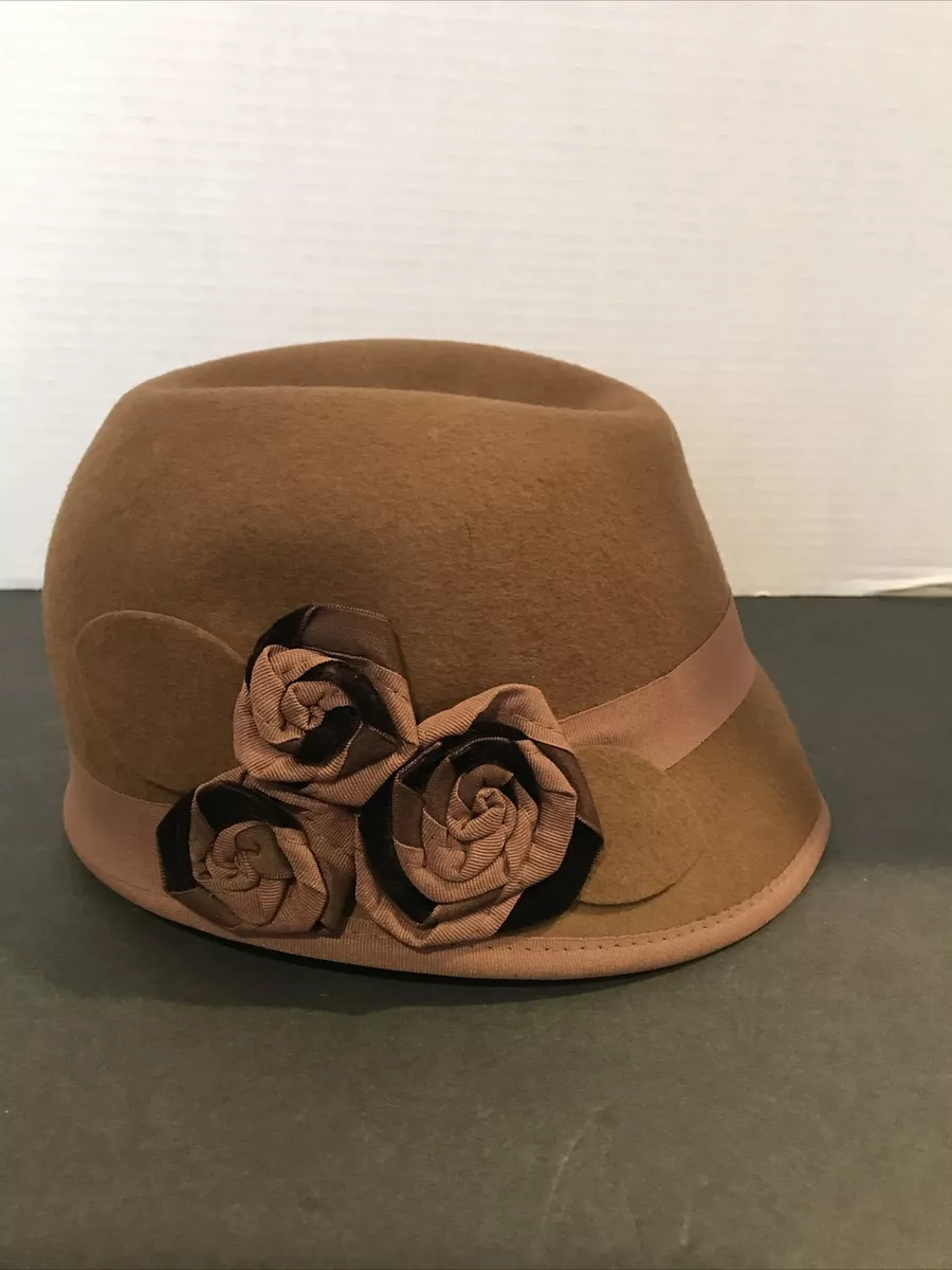 9 West Womens Brown Wool 20s Style Hat. 3 Flowers On The Side
