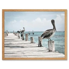 Animal Bird Pelicans Ocean Pier 12X16 Inch Framed Art Print