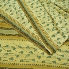 Vintage Sari Ivory Green Pure Crepe Silk Printed Saree 5yd Sewing Floral Soft