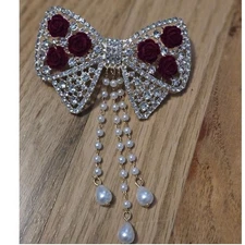 Boutique Clear Rhinestone Inlaid Bow Hair Clip w/ Red Rose & Faux Pearl Accents