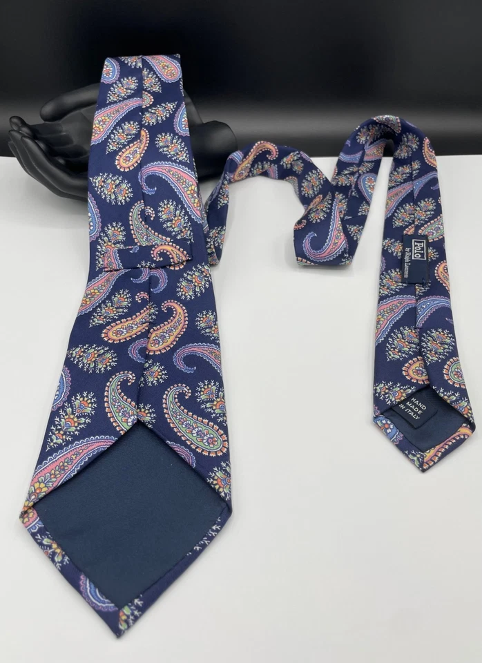 POLO от Ralph Lauren мужской 100% шелк галстук ~ темно-синий ~ пейсли ~ ручной работы в Италии! - Изображение 3 из 4