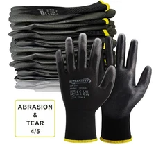 Ultra-Thin Black Work Gloves Polyurethane Palm Coated Nylon Shell 12 Pairs