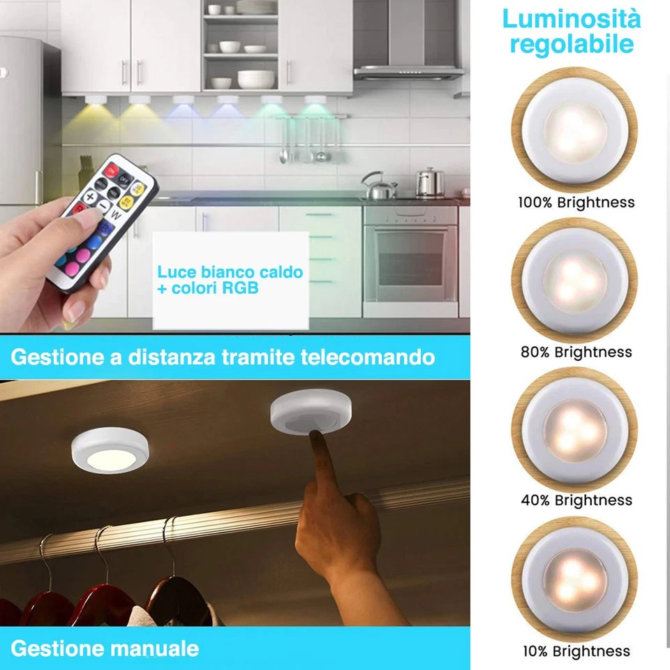 Set 6 Faretti Led Wireless Adesivi con 2Telecomandi Cambio Colore e Dimmerabile - Immagine 2 di 4