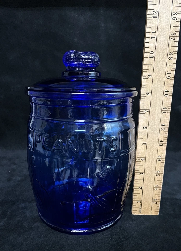 "Frasco de barril de vidrio contenedor azul maní Mr. Peanut vintage Planters "Running" 10"" Foto 2 de 4