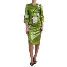 Dolce & Gabbana Green Floral Embellished Sheath Midi Women's Dress Authentic