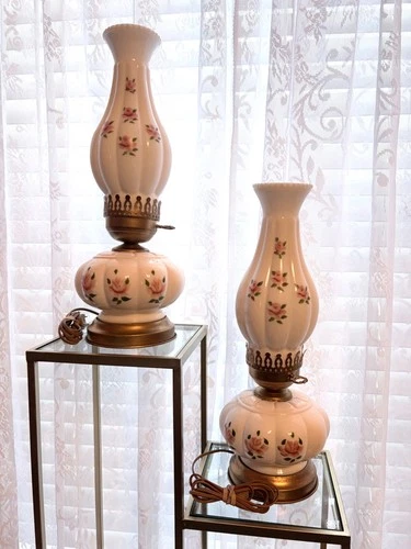 Vintage Milk Glass electric lamps with hand-painted roses. Set of two.