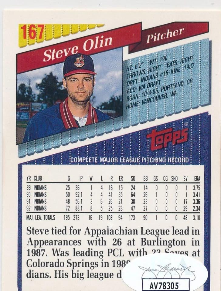 Steve Olin Signed IP Autographed 1993 Topps #167 JSA COA Cleveland Indians RARE! - Image 2 of 3