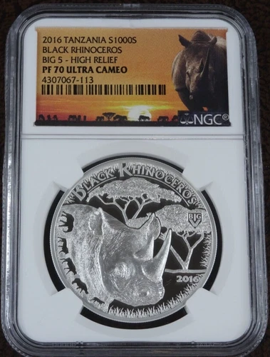 2016 Tanzania Black Rhinoceros Big 5 NGC PF 70 High Relief Silver Coin 1 oz .999