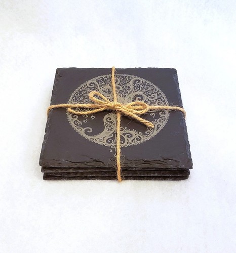 Coasters Natural Slate Stone “Tree of Life” Laser Engraved, Square, Set of 4 - Picture 3 of 4