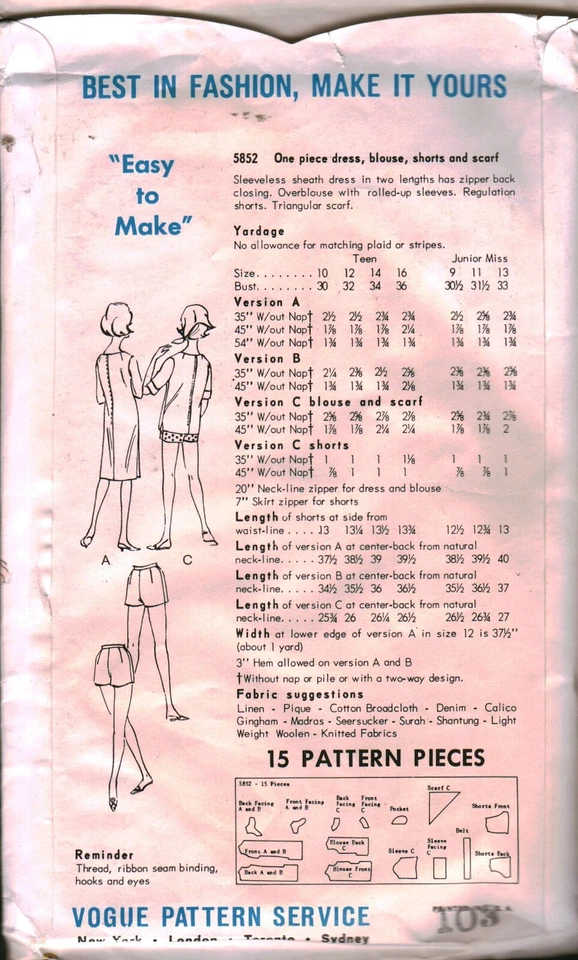 5852 Vintage Moda Patrón de Costura Juniors Vestido Blusa Pantalones Cortos Bufanda Años 60 Informal Foto 2 de 2