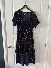 Navy Polka Dot Asymmetrical Dress With Cut Out and Tie Detail Front Size 12