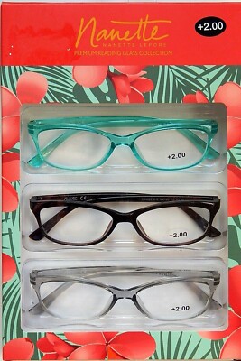 NANETTE LEPORE 3-PACK PREMIUM READING GLASSES READERS +2.00 NEW 100%AUTHENTIC 