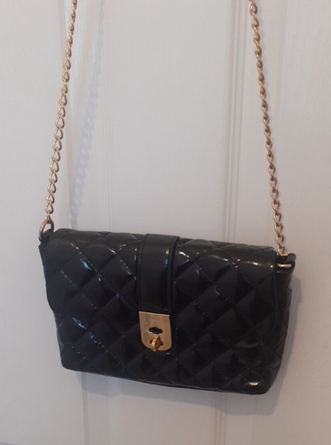 JAEGER KATE BLACK BAG GOLD TONE QUILTED PATENT LEATHER CLUTCH SHOULDER HAND BAG - Picture 10 of 13