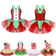 Kids Girls Sequins Striped Christmas Costume Xmas Party Dance Leotard Tutu Dress