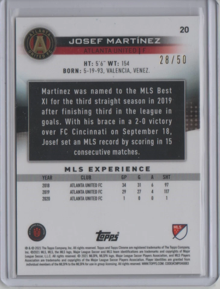 2021 Topps Chrome MLS Variation Gold Refractor #20 Josef Martinez 28/50 SP - Image 2 of 2