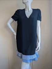 ZARA Black Mini Shift Dress Blue White Shirt Check Ruffle Hem V Neck Boho Medium