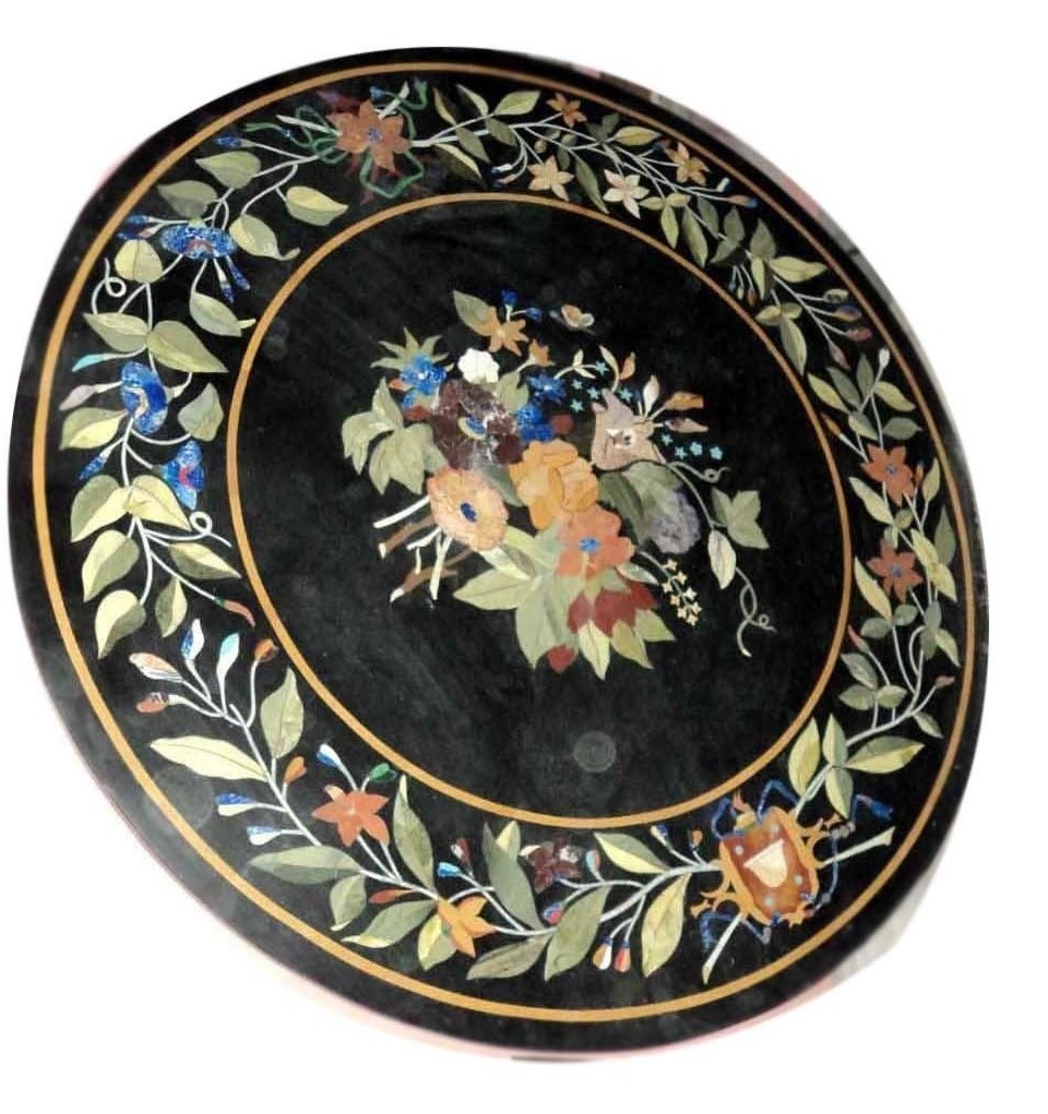 36-inch black round marble coffee table with intricate pietra dura inlay