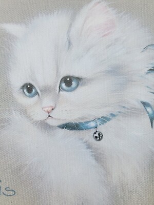 Peggy Harris Collectibles Lithograph ''RIBBON & BLUES'' Cat W/ Blue Ribbon & Bell