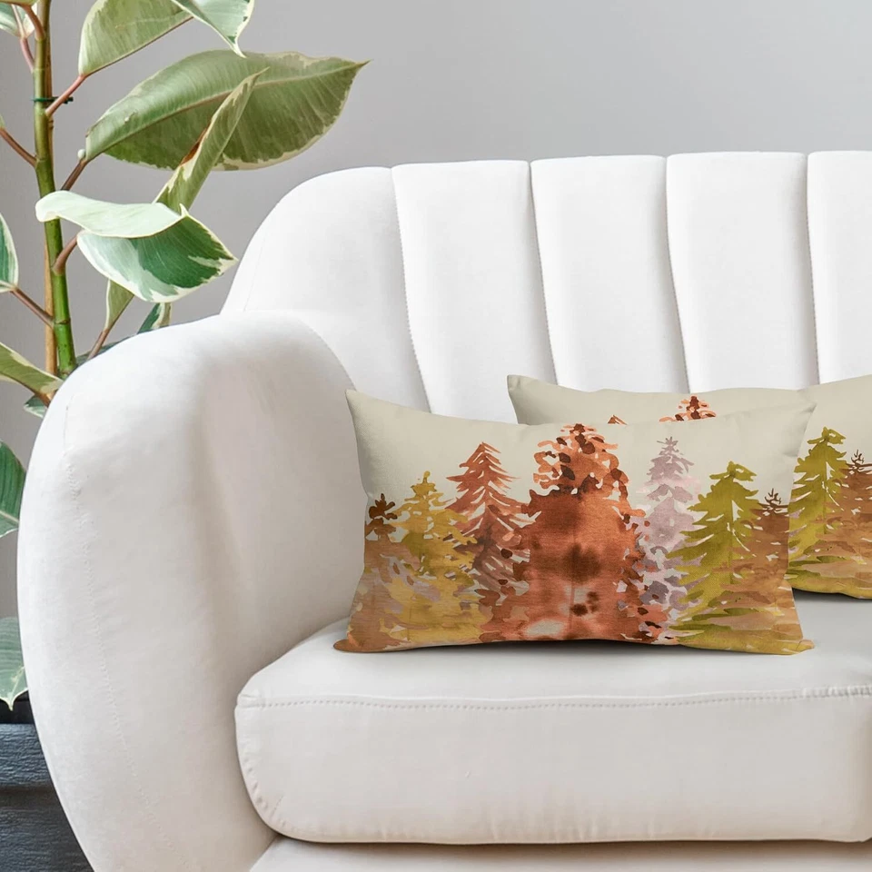 Rustic Fall Lumbar Pillow Covers 12x20 Set of 2 Watercolor Tree Autumn Color ... - Image 2 of 4