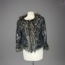 BLACK/SILVER SEQUINS F FUR TRIM CROPPED JACKET  (MANGO ?)10/12 VGC