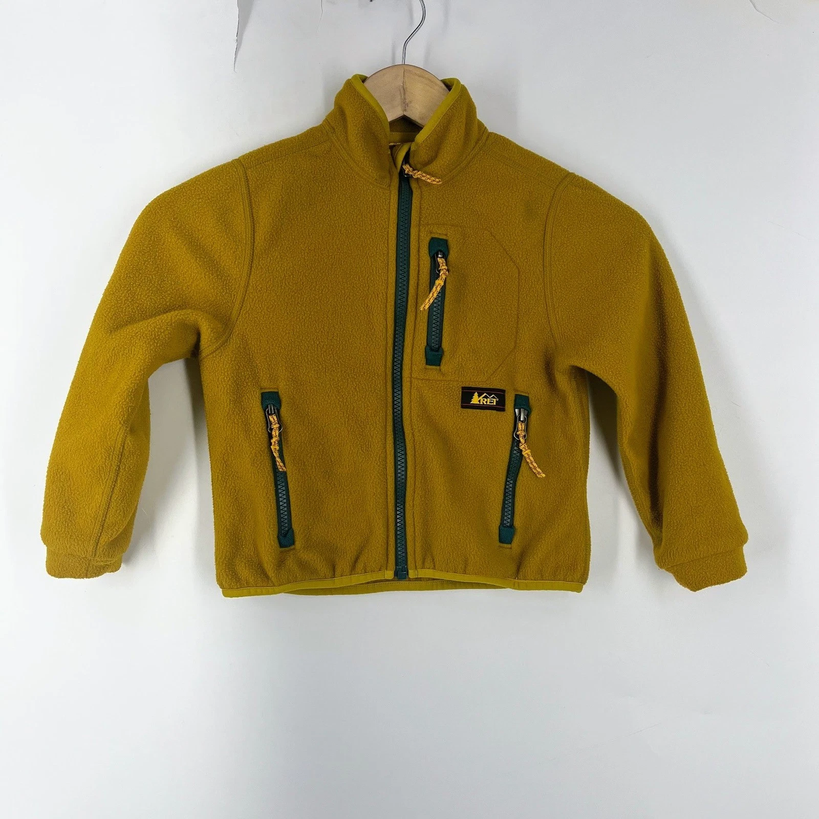 REI Kids Full Zip Fleece Jacket Mustard Yellow Mock Neck Outdoor Layer Size XXS