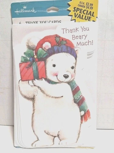 New Hallmark Christmas Bear Thank-You Cards, 6 Cards W/ Envelopes