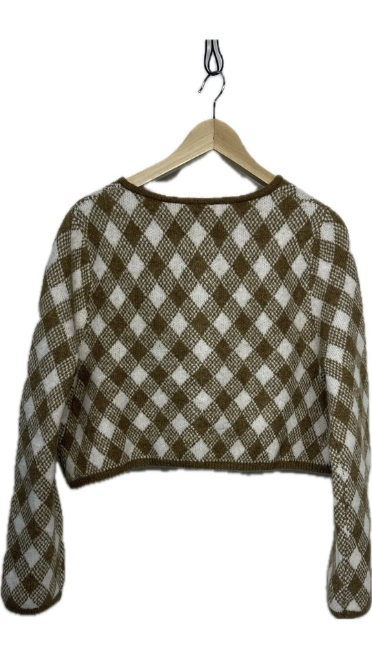Zara Brown and White Checkered Vintage-Inspired Small Cardigan Cropped Oversized - Image 3 of 4