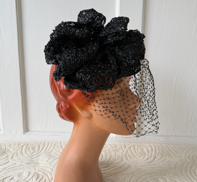 Black I. Magnin Bow Hat Hair Piece Lush silk bows in black and ivory, on a 50s  main image 4