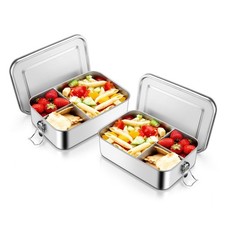 2 Pack Stainless Steel Bento Box, 47oz Metal Lunch Box with 3 Compartments fo...
