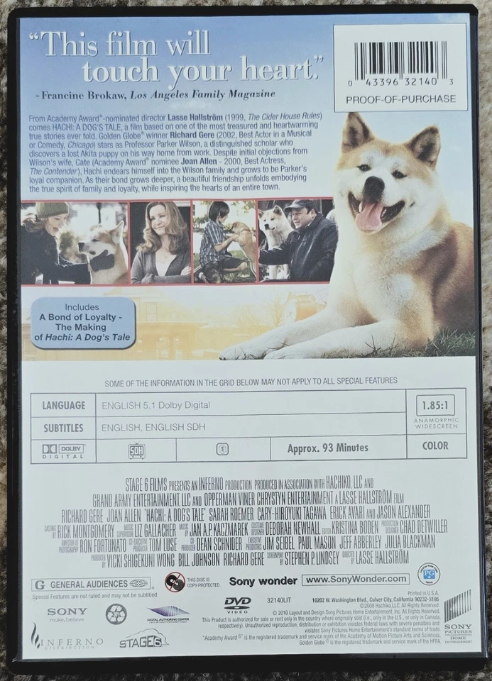 Hachi: A Dog's Tale (DVD 2010, WS) Richard Gere, Joan Allen, W/CASE - Image 2 of 4