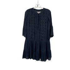 Loft Womens Drop Waist Dress Pleated Embroidered 3/4 Sleeve Navy Size 4