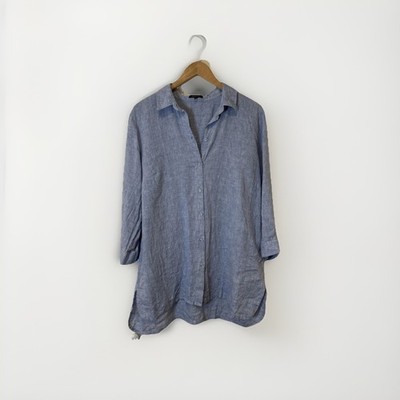 More & More Button Down Shirt Womens  XL/44 Blue Linen High Low Tunic Blouse