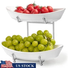 Ceramic Fruit Bowl W/ Metal Stand Space Saving Modern Kitchen Counter Display US
