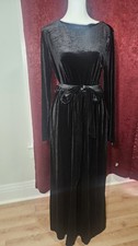 Black Velvet Long Sleeve Maxi Dress Round Neck Belted Tie Formal Long Women